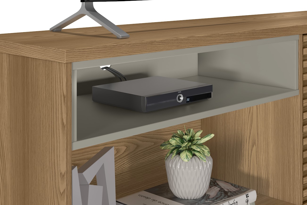 Linea - Rack Camboriu - Amendoa e Titanio - Detalhe 02 com Decoração