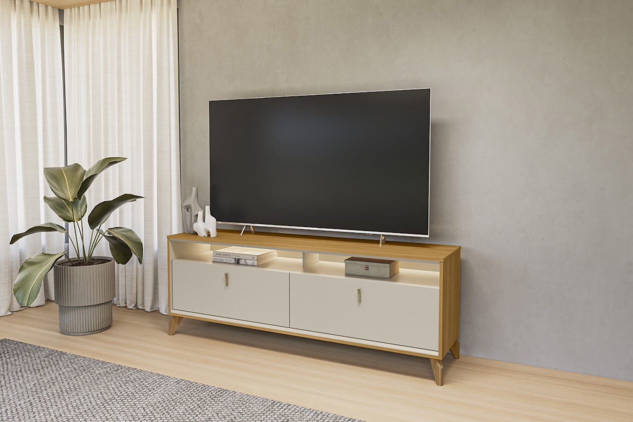 Linea - Rack Dubai 1.6 - Tauari e Off White - Com Led - Ambiente Perspectiva